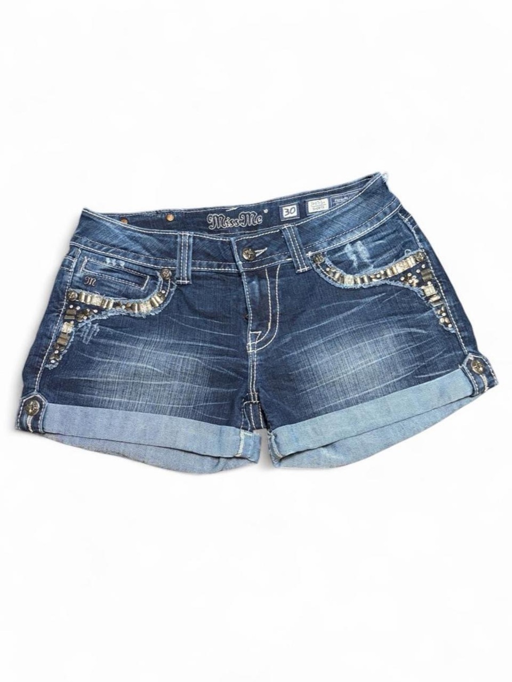 Miss Me Embellished Dark Blue Denim Cuffed Shorts